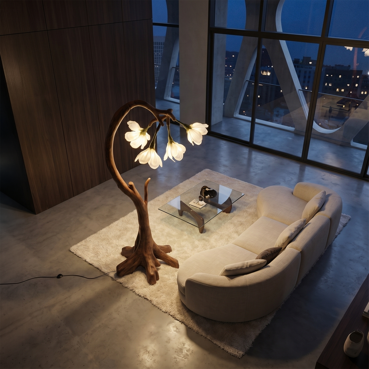 Bloom Floor Lamp With Sculptural Wooden Stand For Living Room And Bedroom SINLSAFLP072