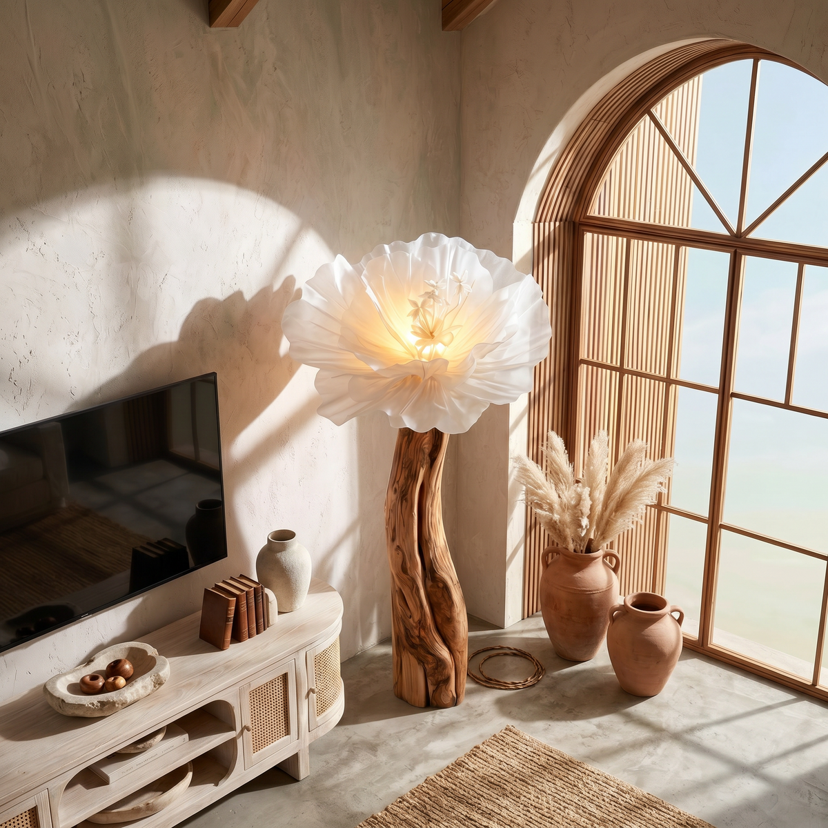 Artistic Flower Floor Lamp Sculptural Wood Base For Living Room SINLSAFLP116