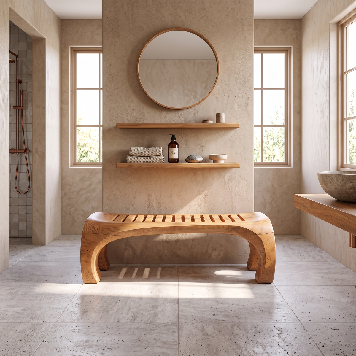 Japandi Bath Bench With Slatted Seat And Balanced Minimal Form SINLSASB008