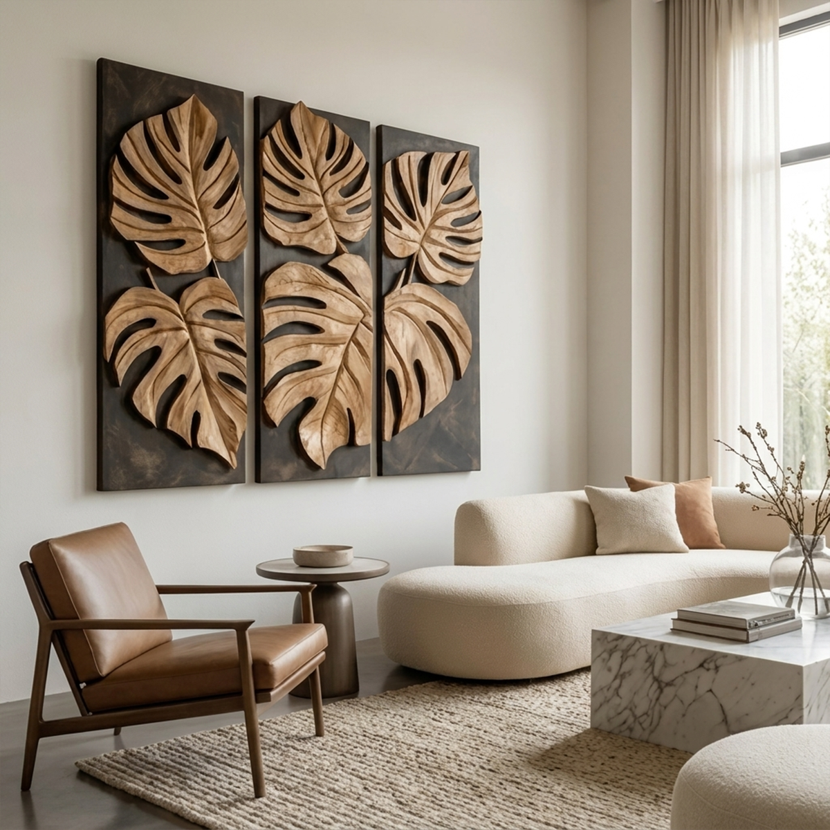 Carved Monstera Leaf Solid Wood Wall Art Triptych Statement Decor SINLKIWD023