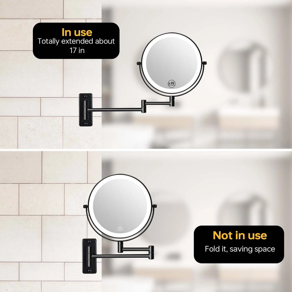 8 Inch Round Wall-Mounted Makeup Mirror, Rechargeable, 1X/10X Magnification, 3-Color LED Lights