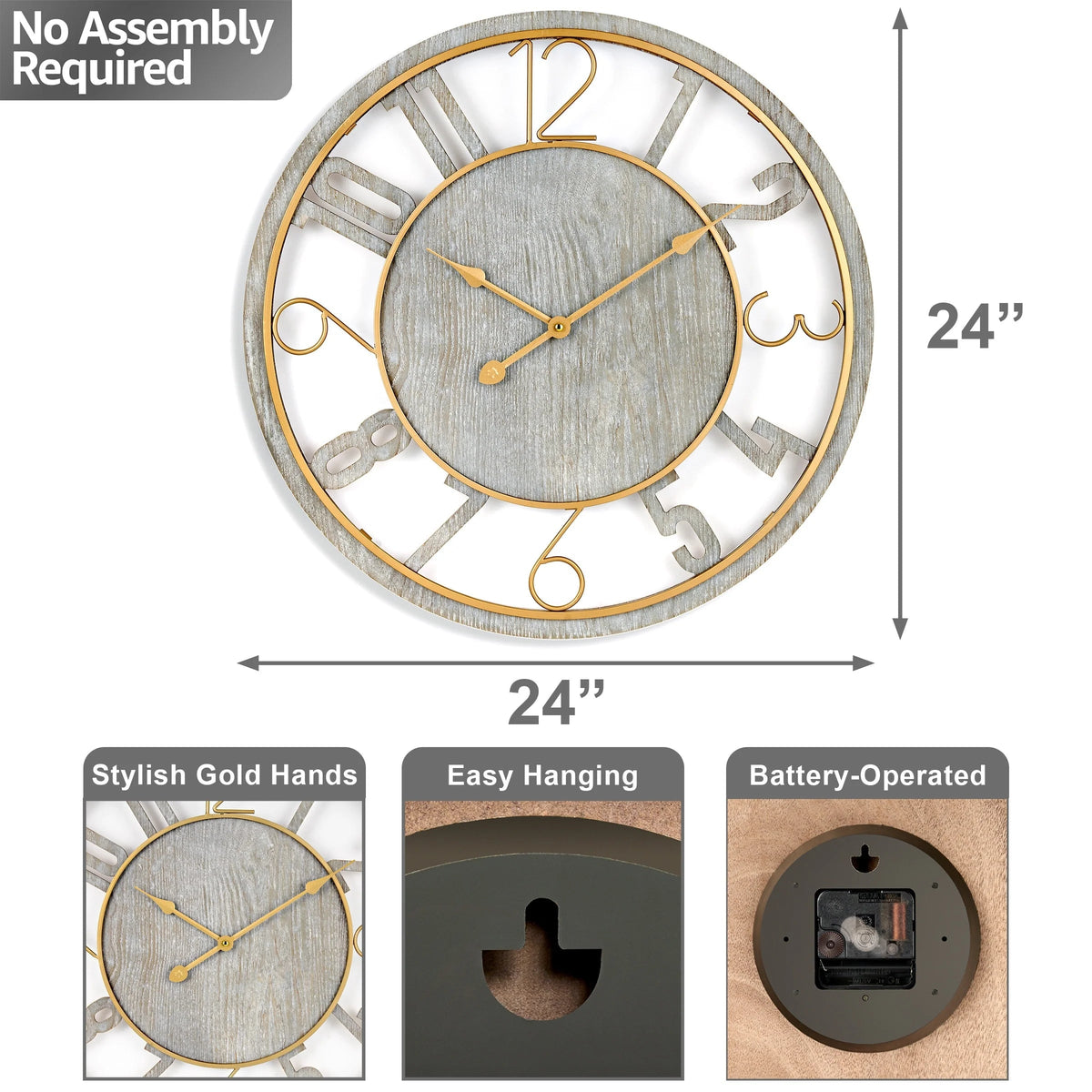 24 Inch Round Wooden Wall Clock With Numeral Design - Battery Operated