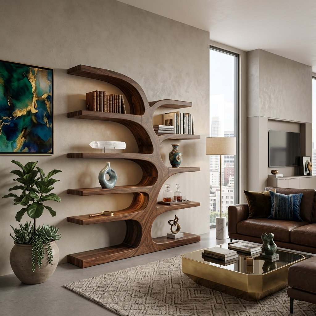 Handcrafted Curved Bookshelf For Living Room Furniture RTTHTTBS055