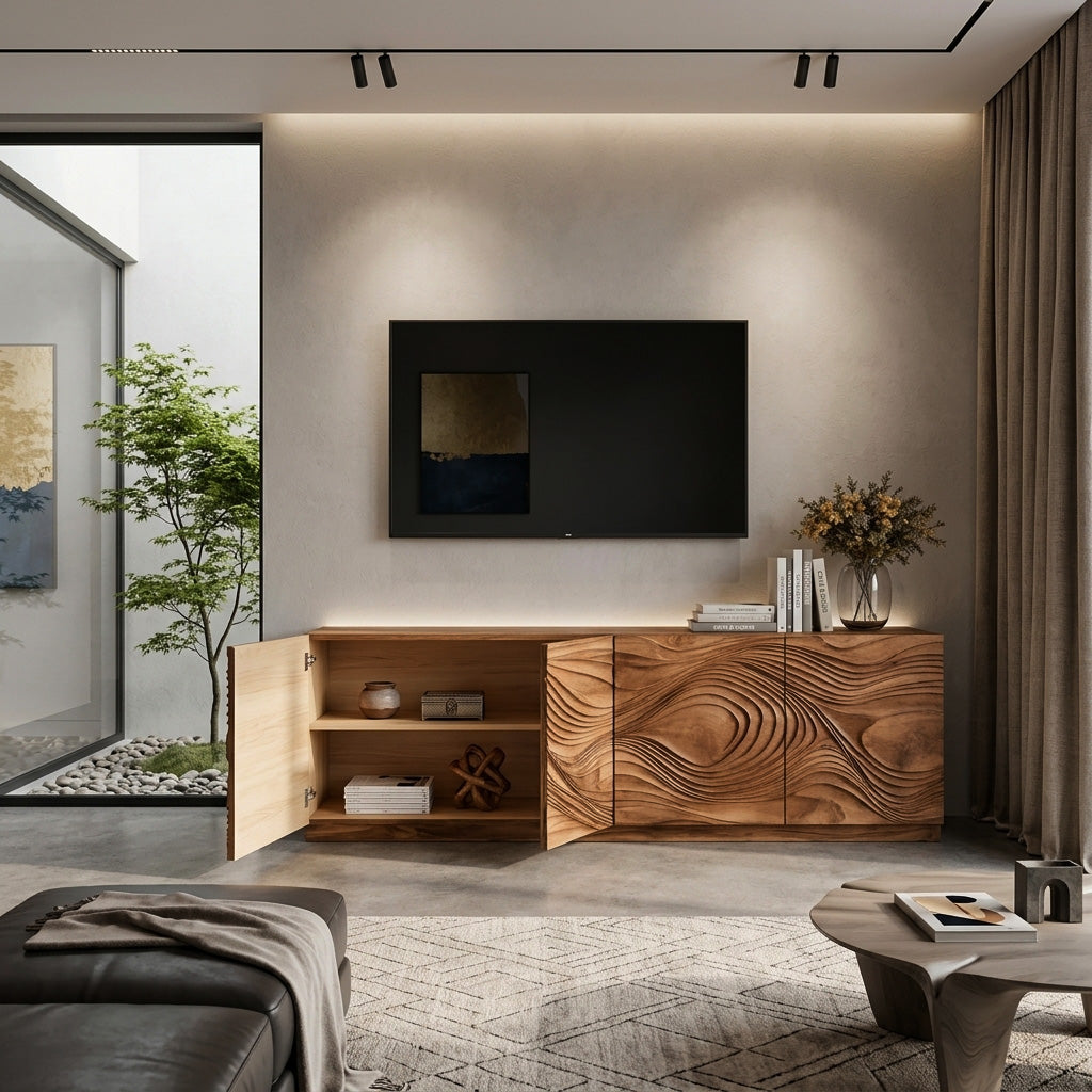 Artistic TV Console With Wave Pattern For Elegant Living Room SITHHNTVC009