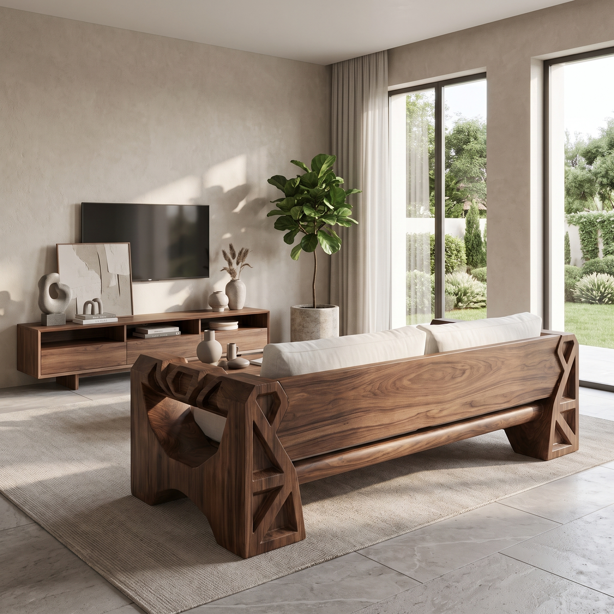 Handcrafted Sofa Frame With Sculptural Wood Armrests For Living Room SINLSASF055