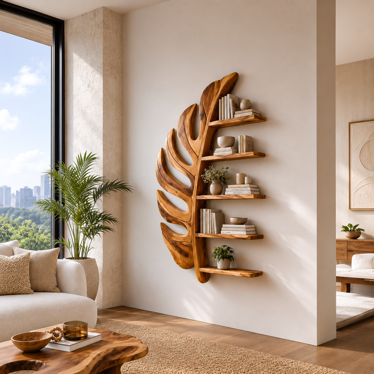 Artistic Wooden Leaf Statement Wall Bookshelf For Elegant Interiors RTTHTTBS093