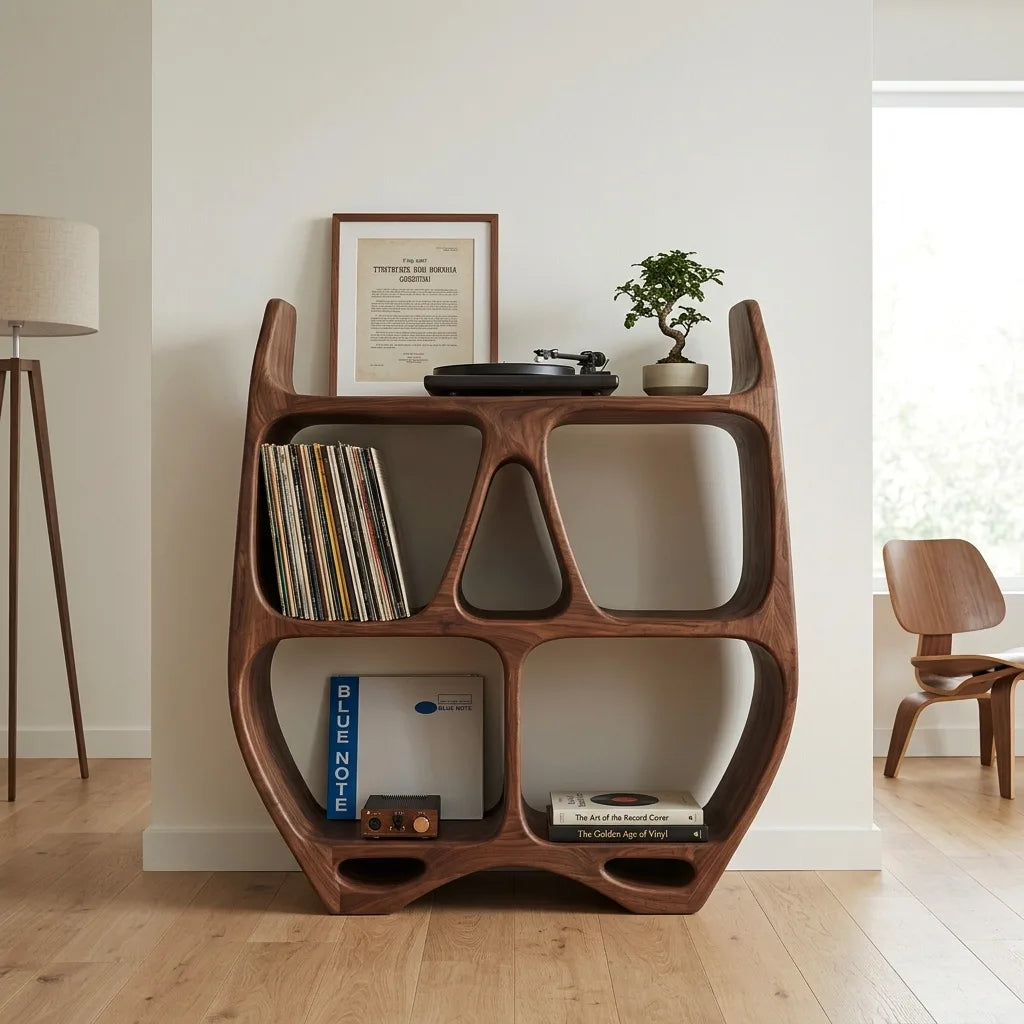Elegant Sculptural Wooden Record Cabinet For Living Room RTTHHNRPT010