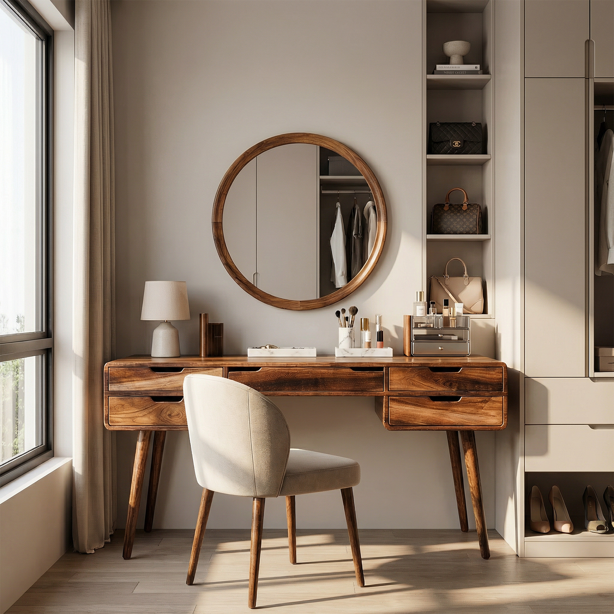 Classic Wooden Makeup Vanity Desk, Handcrafted Dressing Table with Storage Drawers for Bedroom Beauty Area & Dressing Room, SILDTTRMV024