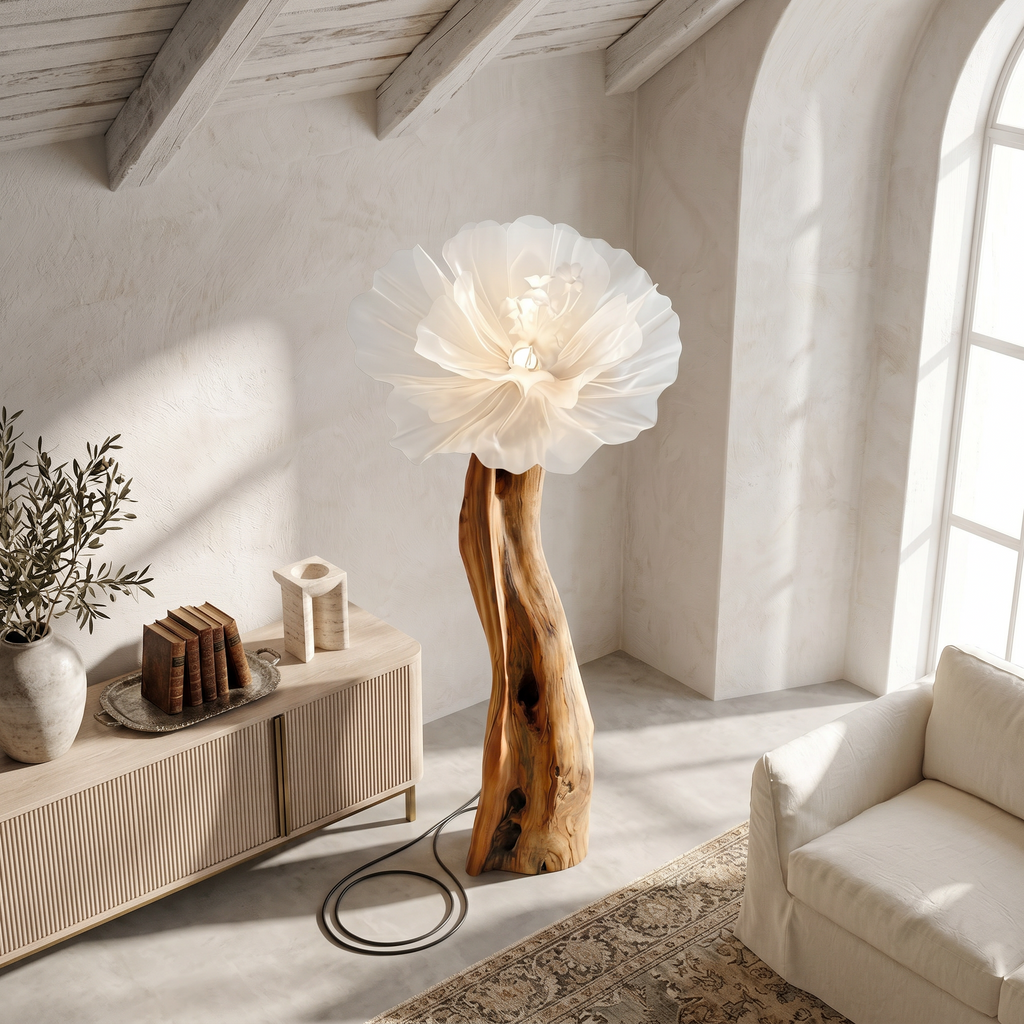 Artistic Flower Floor Lamp Sculptural Wood Base For Living Room SINLSAFLP116