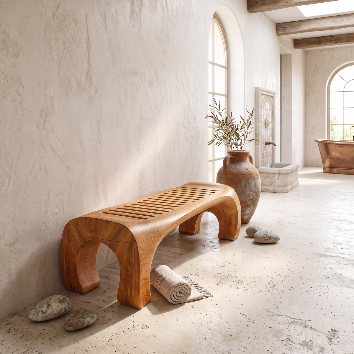Japandi Bath Bench With Slatted Seat And Balanced Minimal Form SINLSASB008