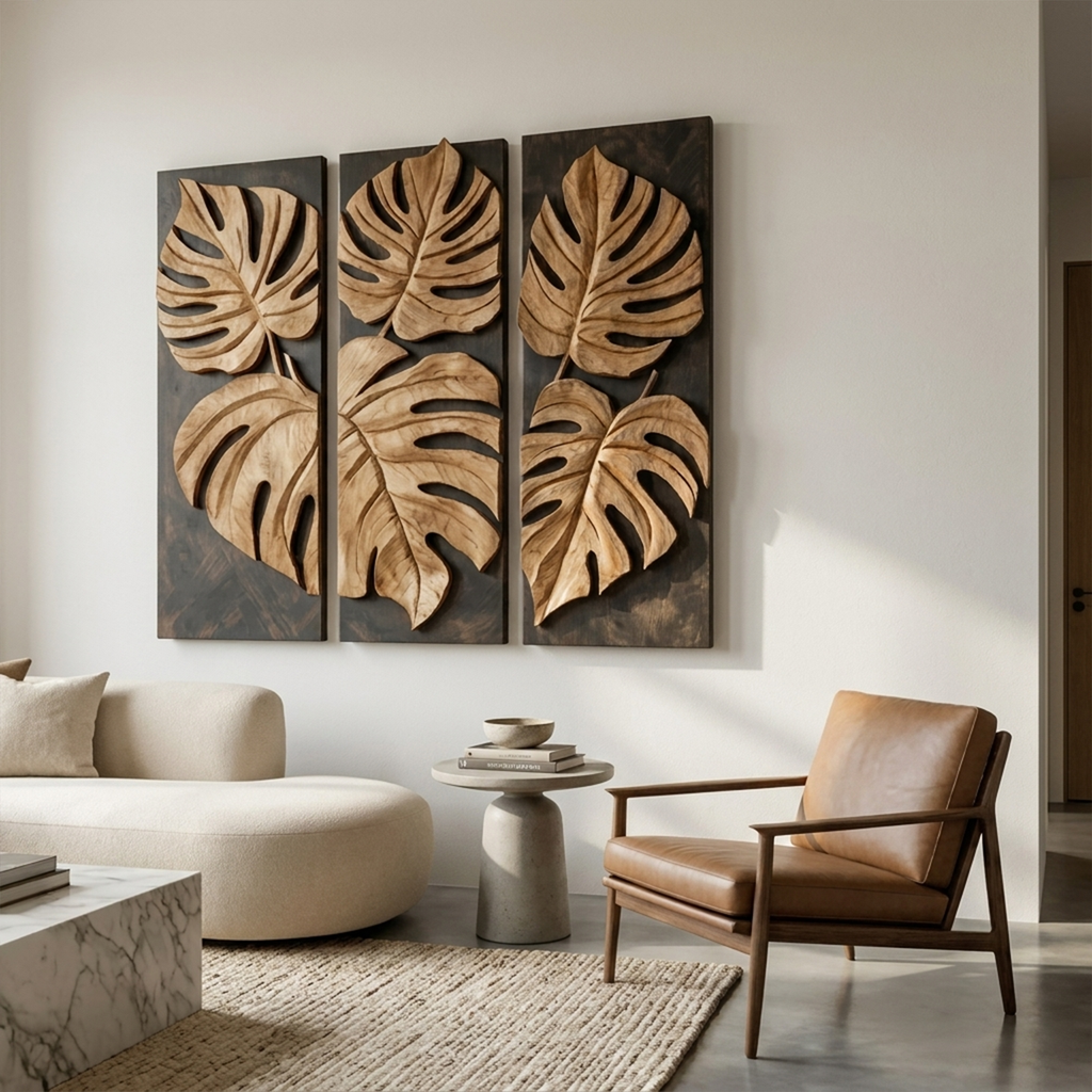 Carved Monstera Leaf Solid Wood Wall Art Triptych Statement Decor SINLKIWD023