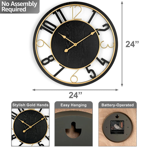24 Inch Round Wooden Wall Clock With Numeral Design - Battery Operated