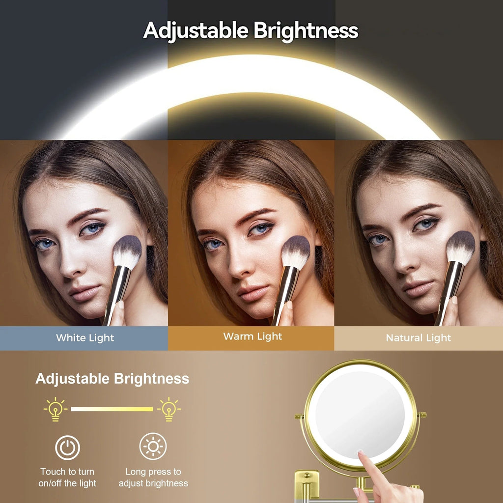 8 Inch Round Wall-Mounted Makeup Mirror, Rechargeable, 1X/10X Magnification, 3-Color LED Lights