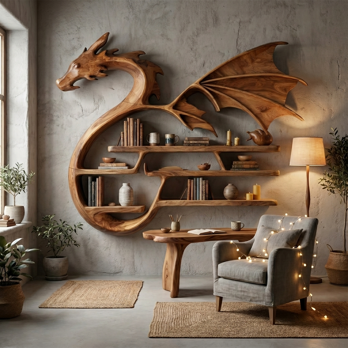 Medieval Dragon Wall Shelf With Sculptural Wooden Display Storage For Living Room SINLHABS044