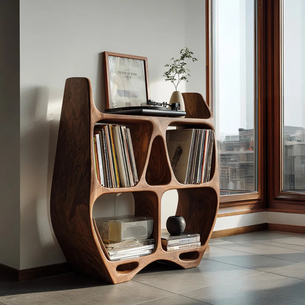 Elegant Sculptural Wooden Record Cabinet For Living Room RTTHHNRPT010