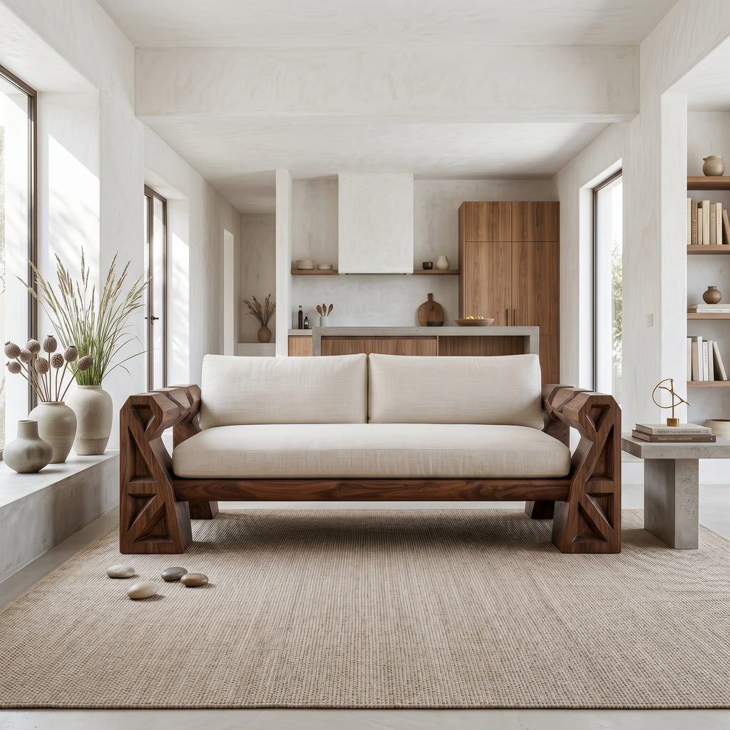 Handcrafted Sofa Frame With Sculptural Wood Armrests For Living Room SINLSASF055