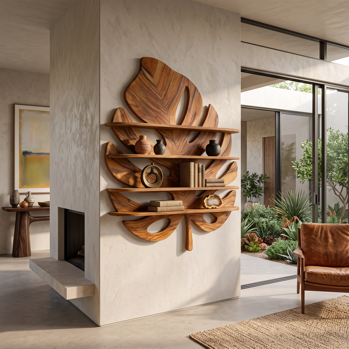 Artistic Wooden Tropical Leaf Wall Mounted Bookshelf For Home Decor RTTHTTBS081