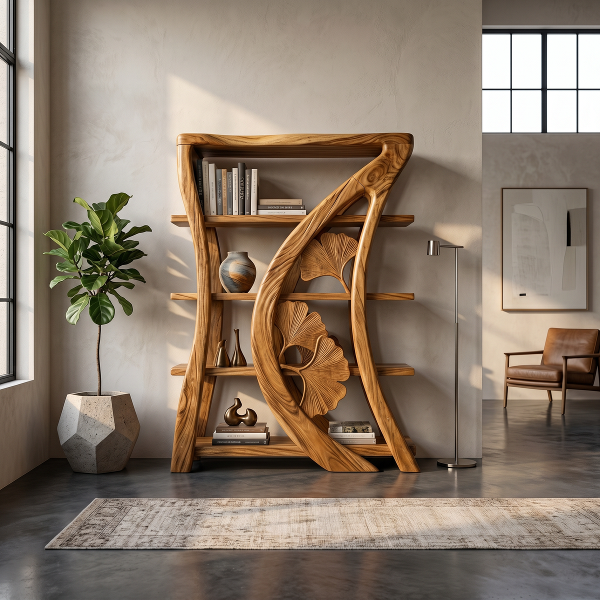 Artistic Wooden Bookcase With Botanical Sculpture Design SILDTTRBS030