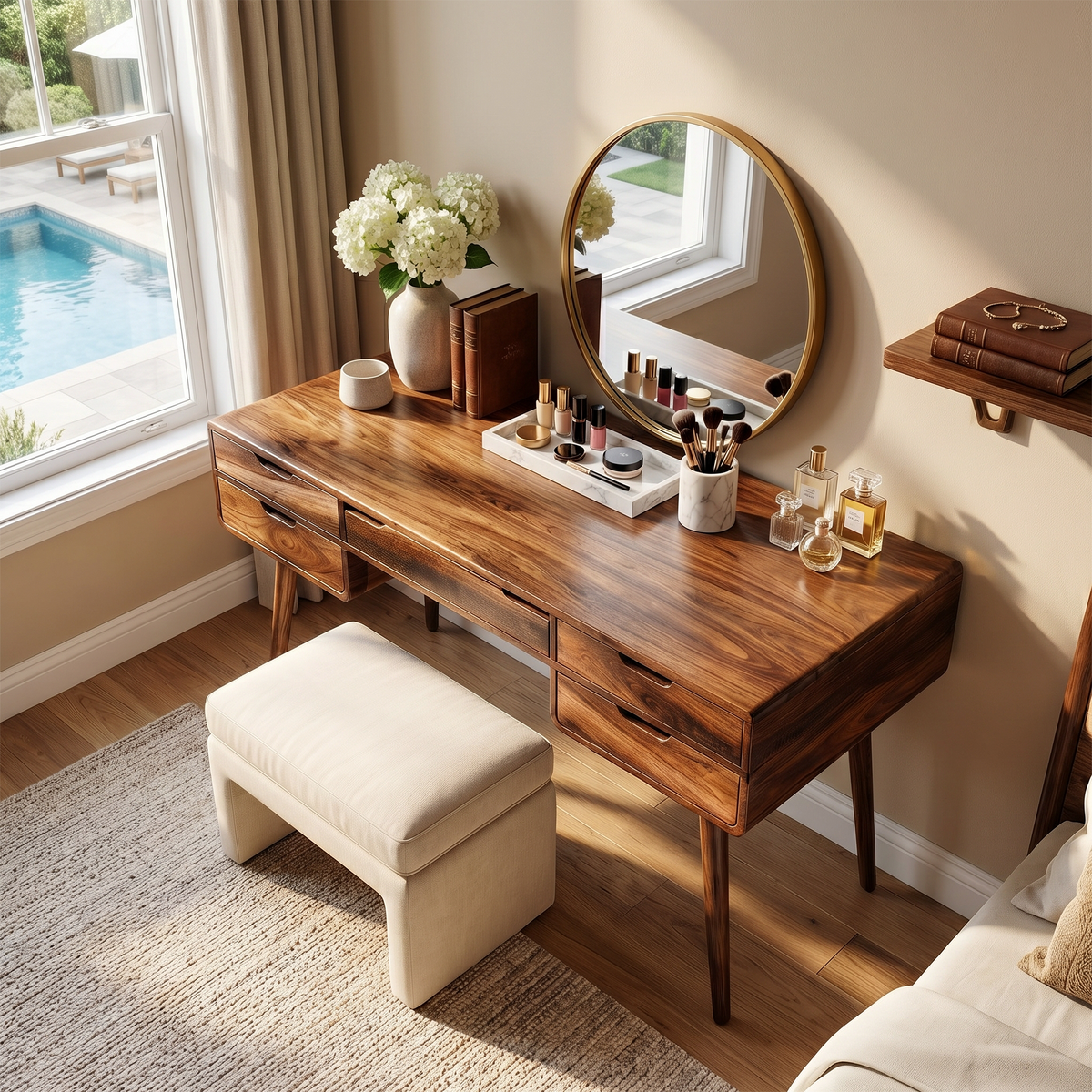 Classic Wooden Makeup Vanity Desk, Handcrafted Dressing Table with Storage Drawers for Bedroom Beauty Area & Dressing Room, SILDTTRMV024