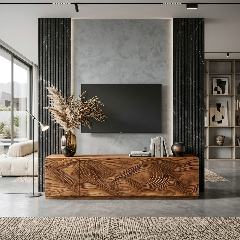 Artistic TV Console With Wave Pattern For Elegant Living Room SITHHNTVC009