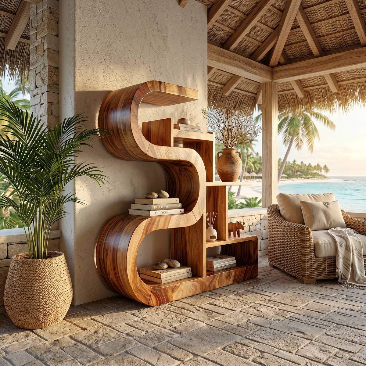 Luxury S-Shaped Wooden Storage Shelf For Contemporary Spaces SILDTTRBS053
