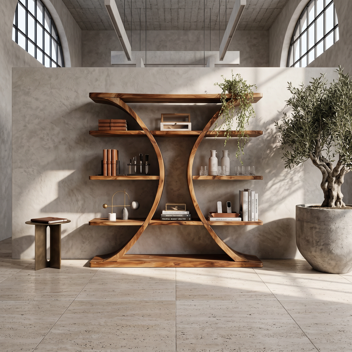 Luxury Organic Wooden Spa Shelf With Sculptural Curved Frame SILDTTRBS046