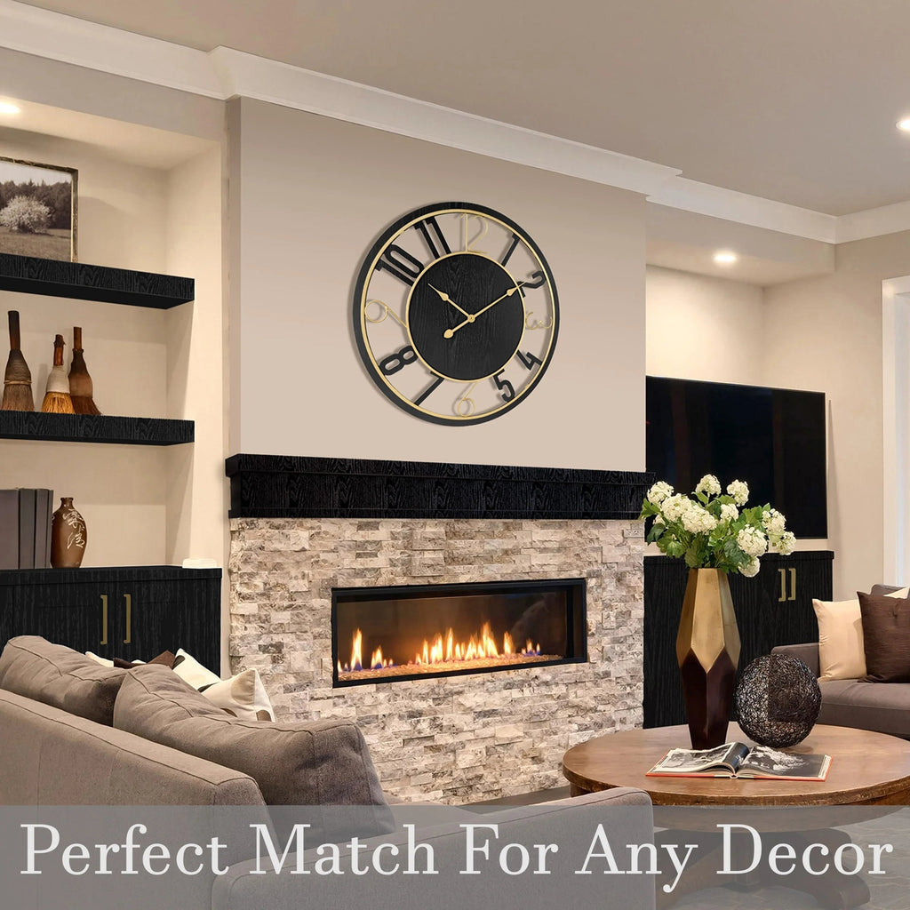 24 Inch Round Wooden Wall Clock With Numeral Design - Battery Operated