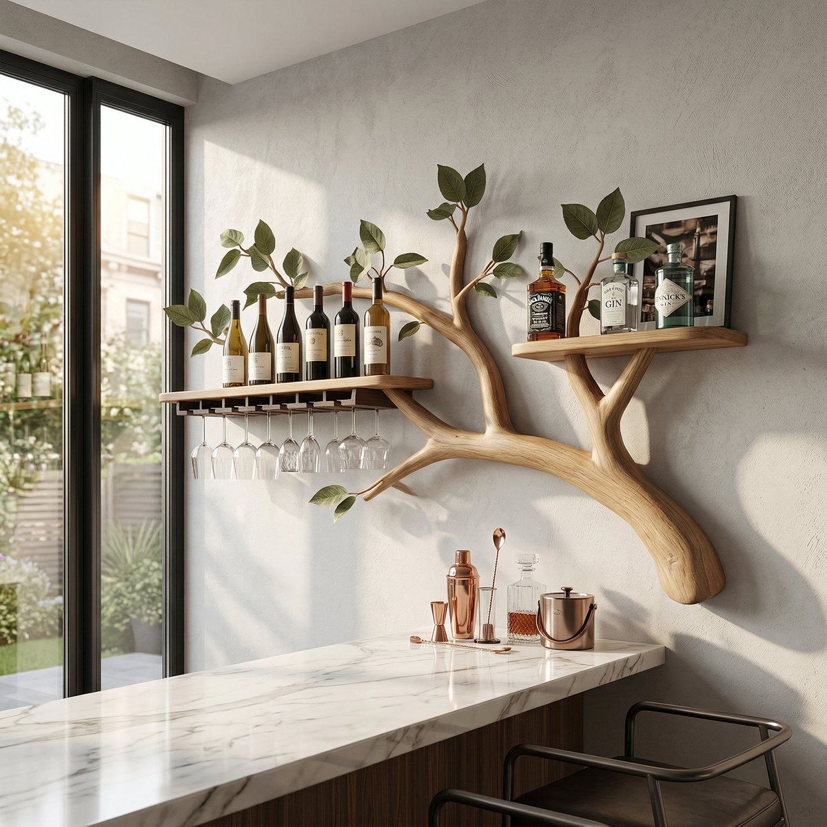 Farmhouse Tree Branch Wine Rack Wooden Wall Mounted Shelf For Kitchen Dining Room Home Bar SINLKIWR018