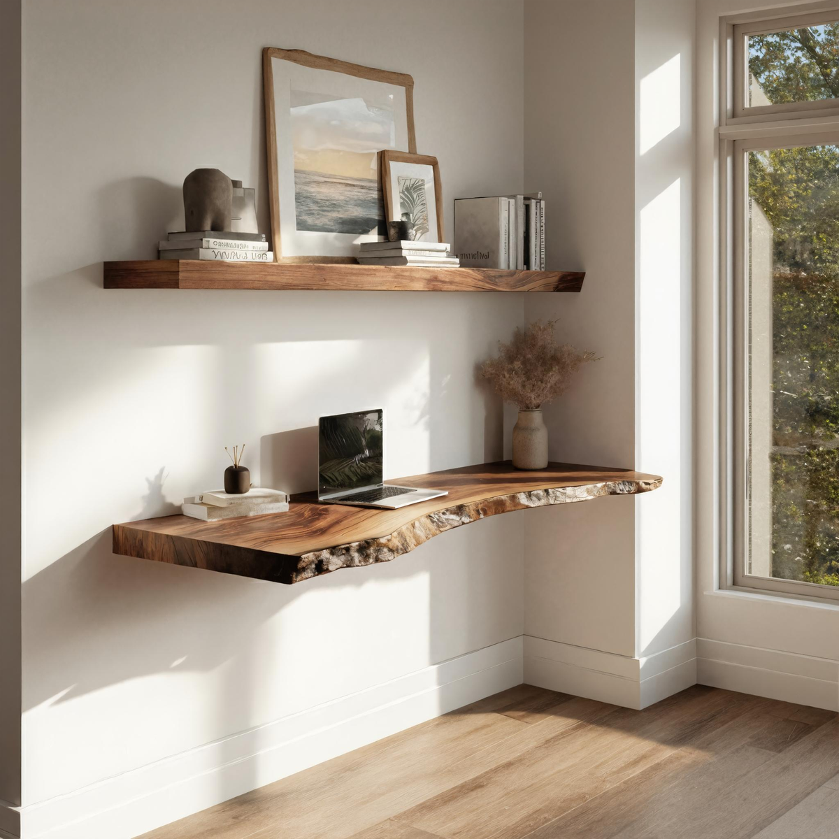 Live Edge Solid Wood Floating Desk Window Side Workspace Interior SINLKIFL385