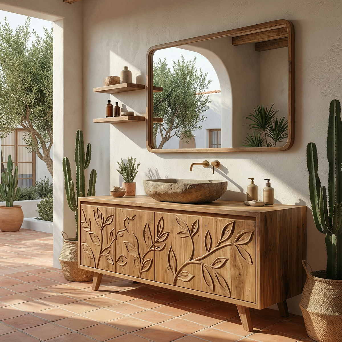 Mediterranean Solid Wood Bathroom Vanity Floral Carved Freestanding Cabinet SINLKIBRV279