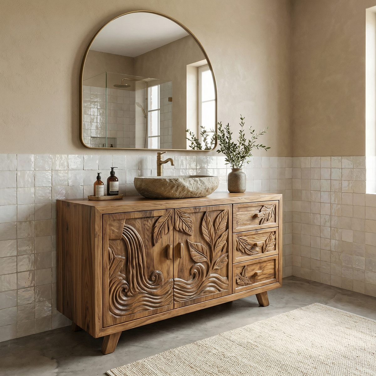 Bohemian Solid Wood Bathroom Vanity Leaf Carved Storage Cabinet SINLKIBRV280