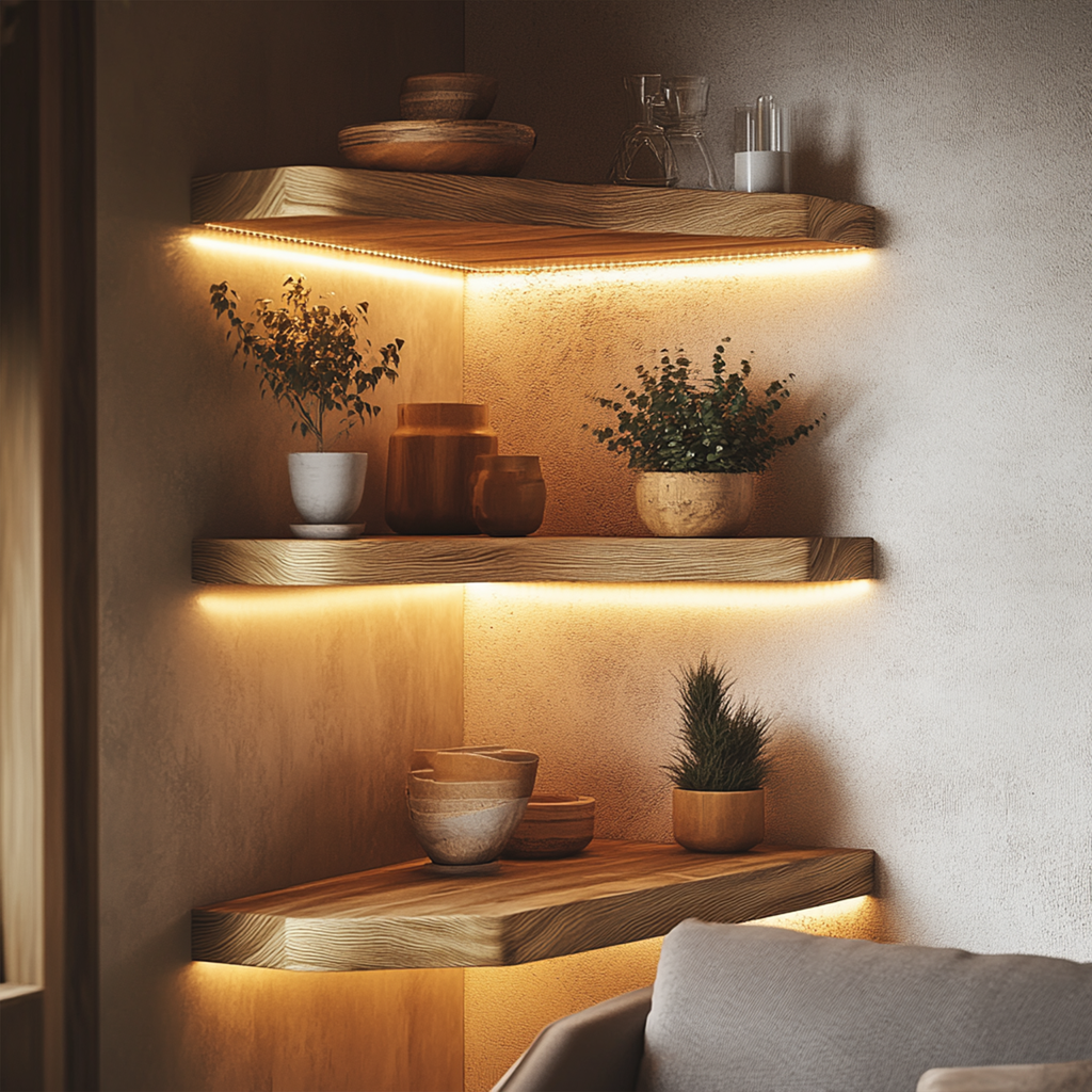 Layered Solid Wood Corner Wall Shelves Warm Minimal Interior Style SINLKIFL394