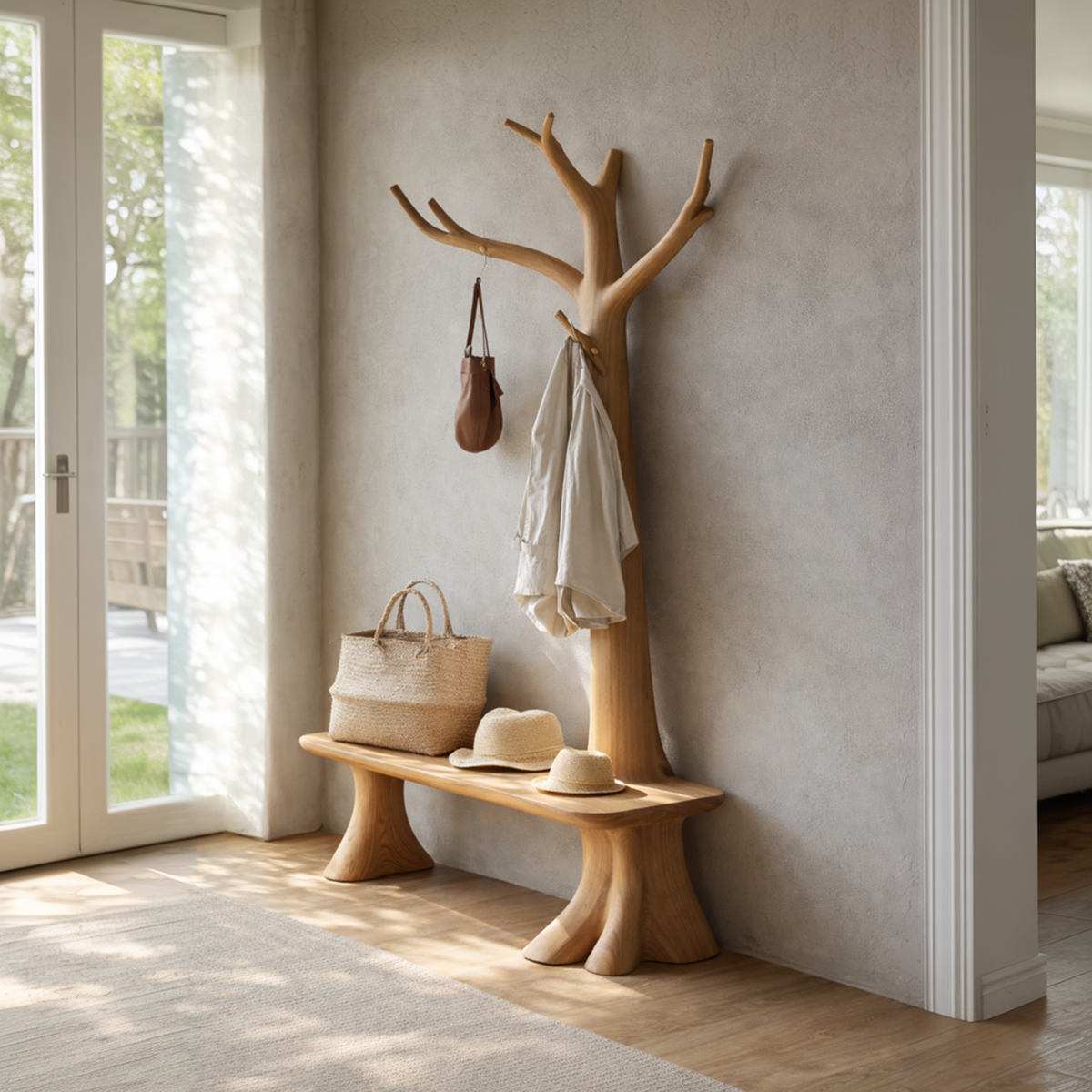 Handcrafted Tree Coat Rack With Bench Solid Wood Entryway Interior Functional Decor SINLKITCR093