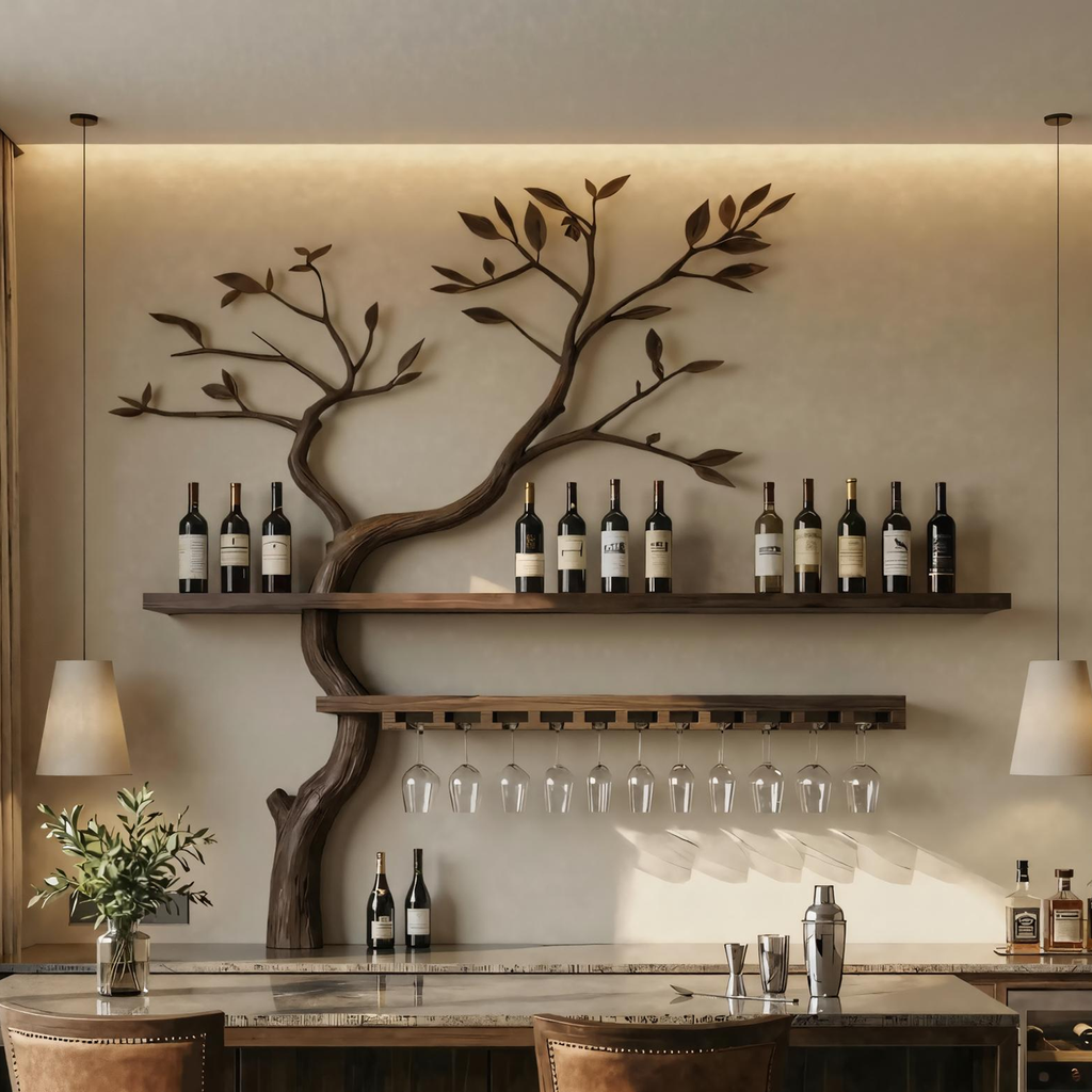 Artistic Tree Shaped Wooden Wall Wine Rack Bar Bottle Display Shelf Restaurant Bar Decor SINLKIWR011