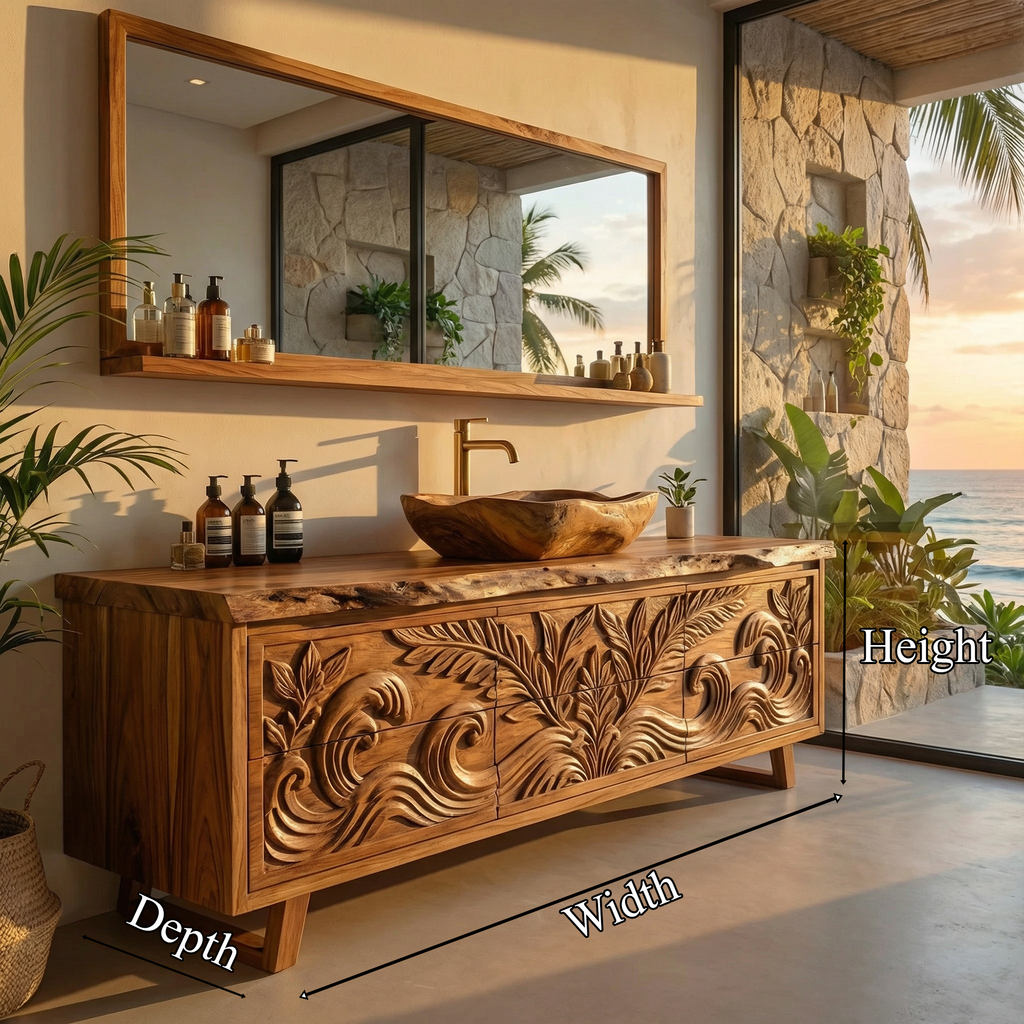 Luxury Tropical Hand Carved Solid Wood Bathroom Vanity Statement Cabinet SINLKIBRV276