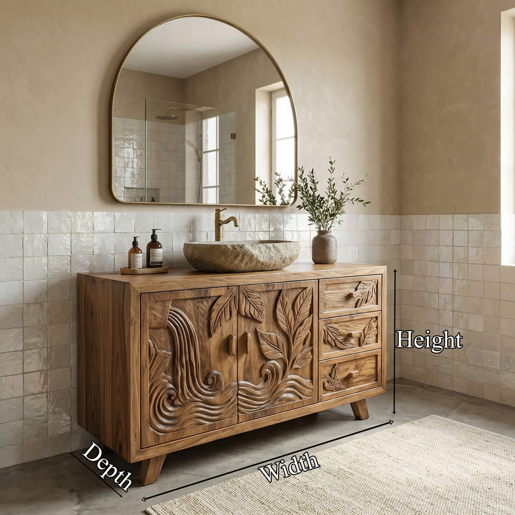 Bohemian Solid Wood Bathroom Vanity Leaf Carved Storage Cabinet SINLKIBRV280