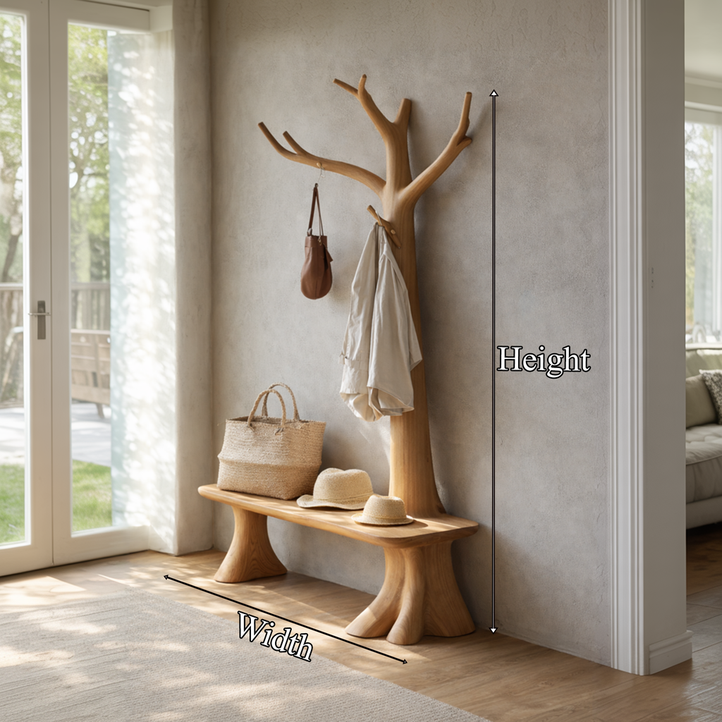 Handcrafted Tree Coat Rack With Bench Solid Wood Entryway Interior Functional Decor SINLKITCR093