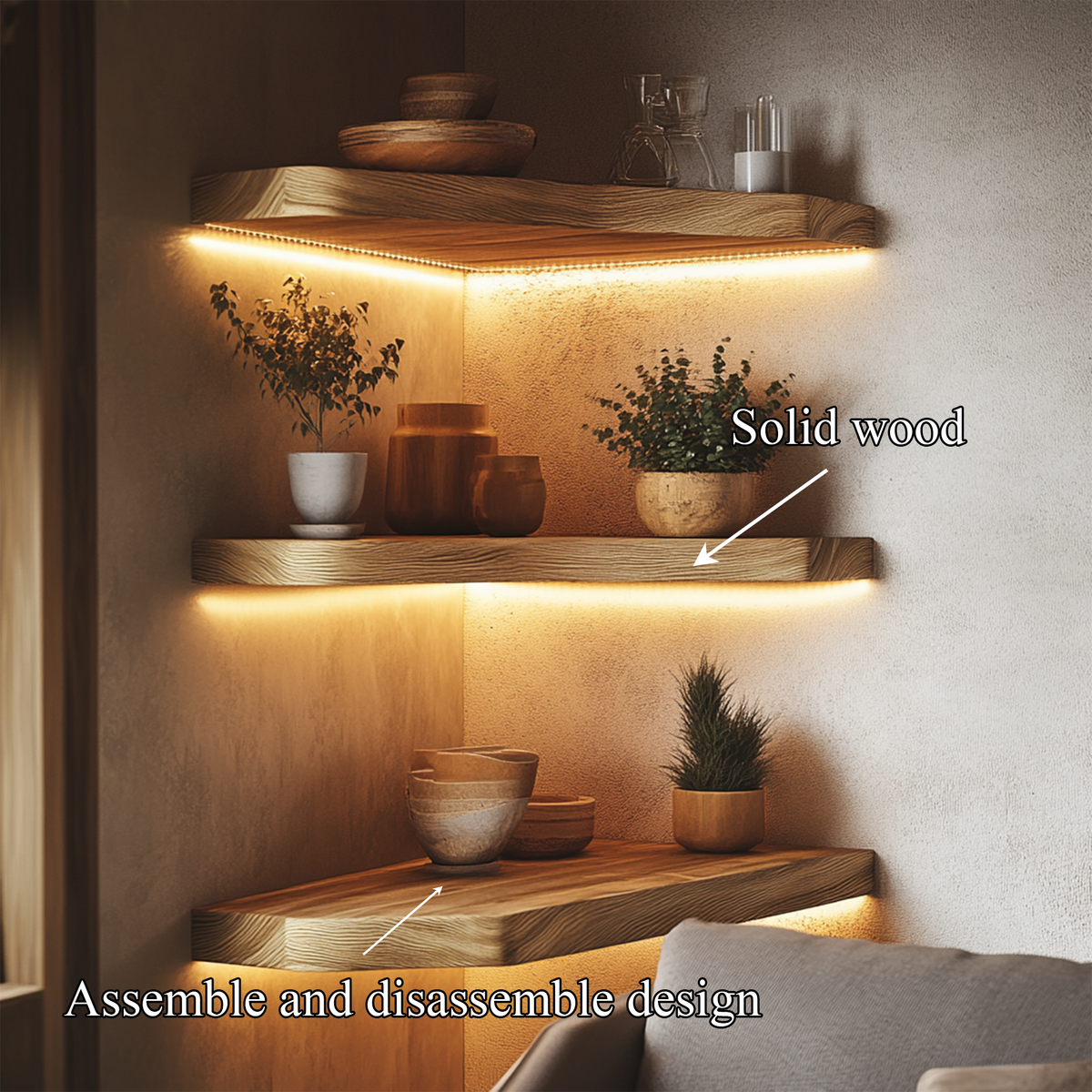 Layered Solid Wood Corner Wall Shelves Warm Minimal Interior Style SINLKIFL394