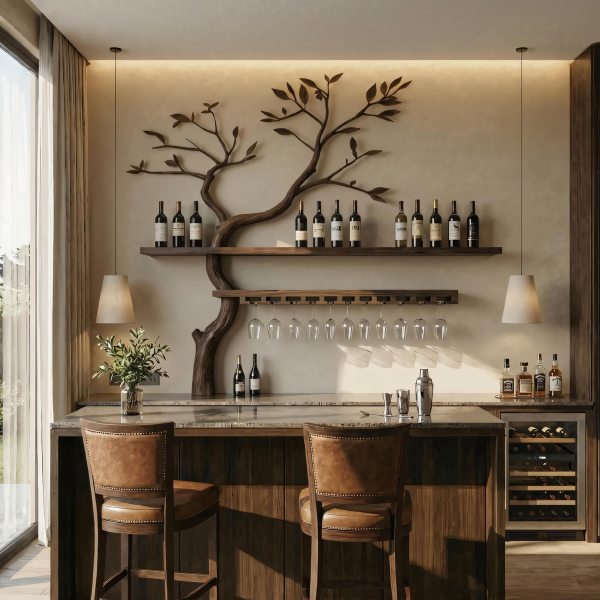 Artistic Tree Shaped Wooden Wall Wine Rack Bar Bottle Display Shelf Restaurant Bar Decor SINLKIWR011