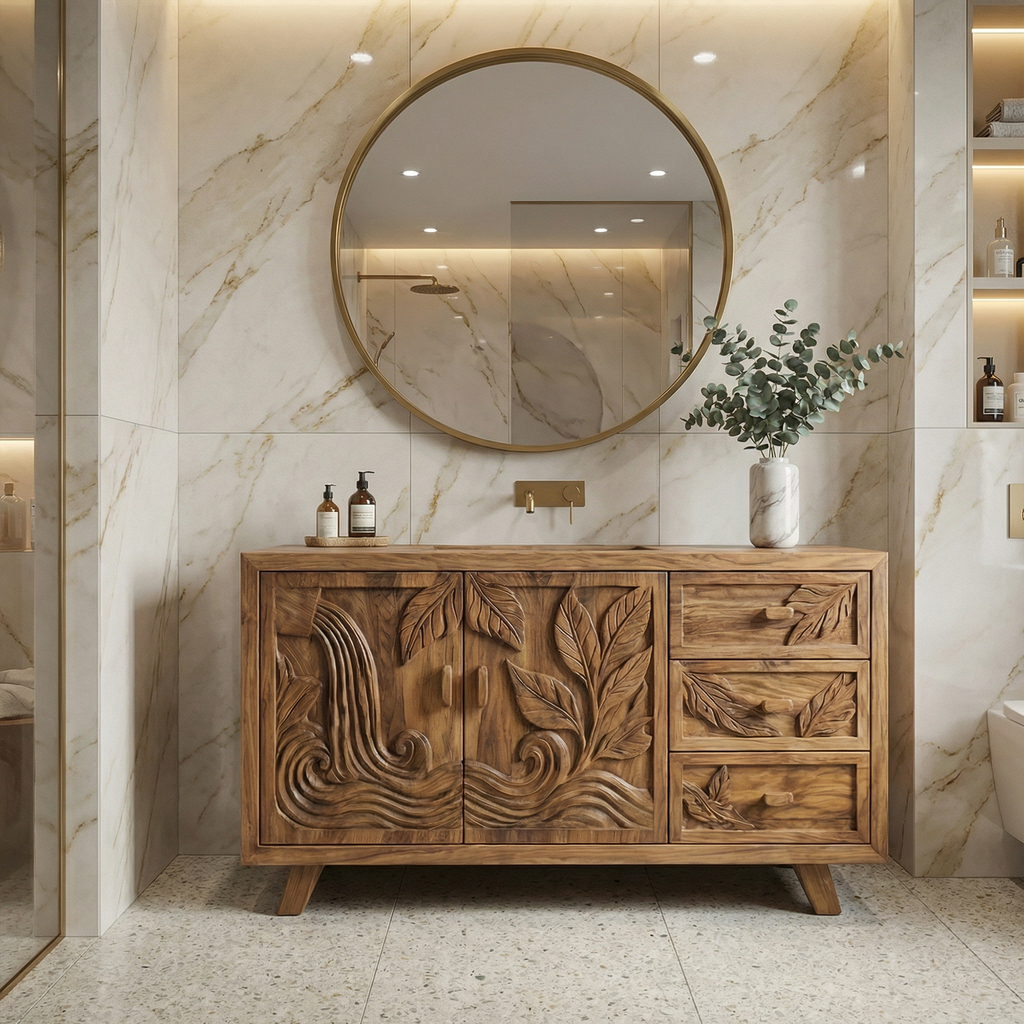 Bohemian Solid Wood Bathroom Vanity Leaf Carved Storage Cabinet SINLKIBRV280