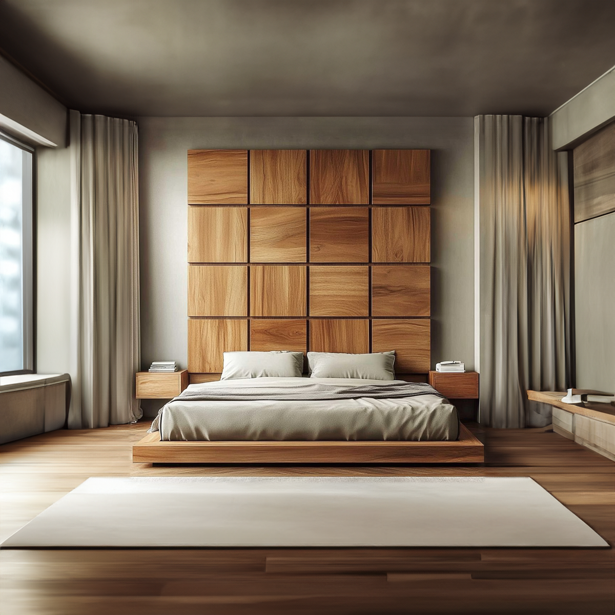 Handcrafted Wooden Panel Headboard Solid Wood Bedroom Interior Clean Line Design SINLKIDH013
