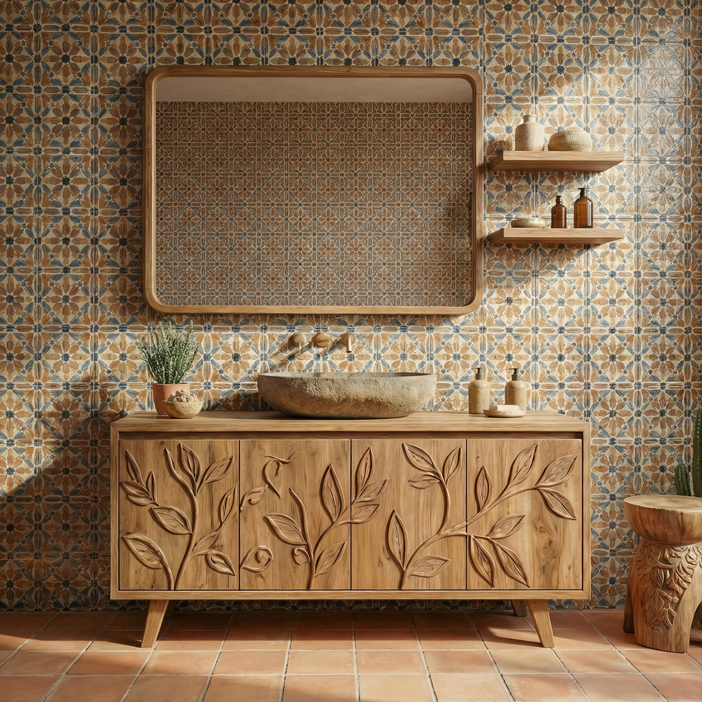 Mediterranean Solid Wood Bathroom Vanity Floral Carved Freestanding Cabinet SINLKIBRV279