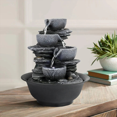 4-Tier Indoor Water Fountain - 7.8 x 7.8 x 10.6 in, Gray Resin