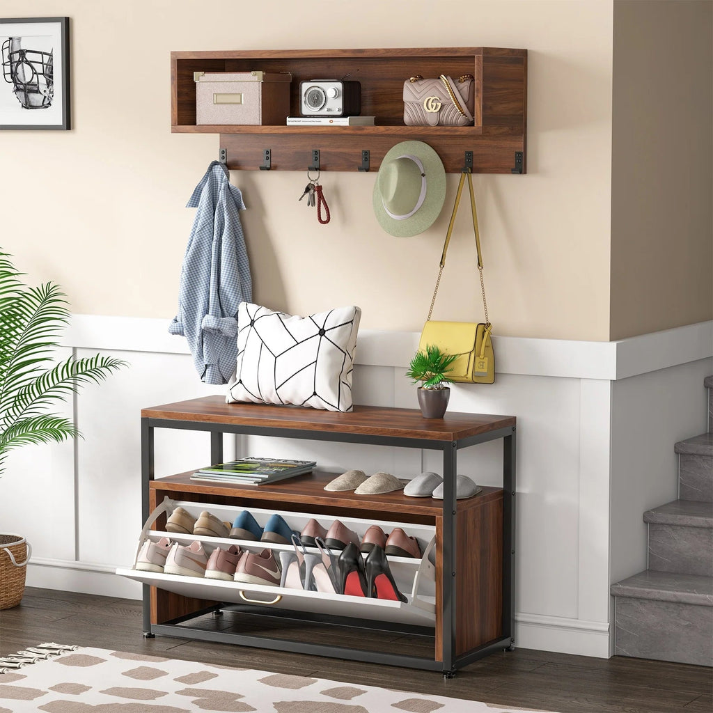 5-in-1 Entryway Hall Tree With Coat Rack, Shoe Bench, 7 Hooks, 3 Cubbies And 3-Tier Shoe Rack