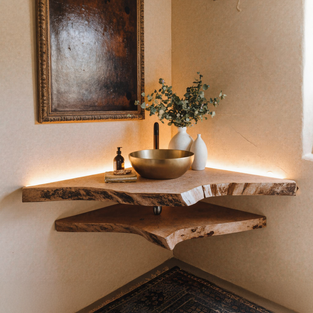 Live Edge Wood Corner Bathroom Vanity Shelf SILDTBRV071