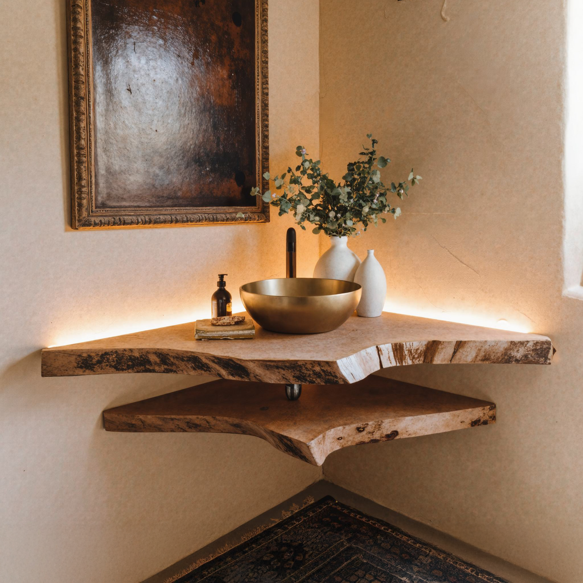 Live Edge Wood Corner Bathroom Vanity Shelf SILDTBRV071