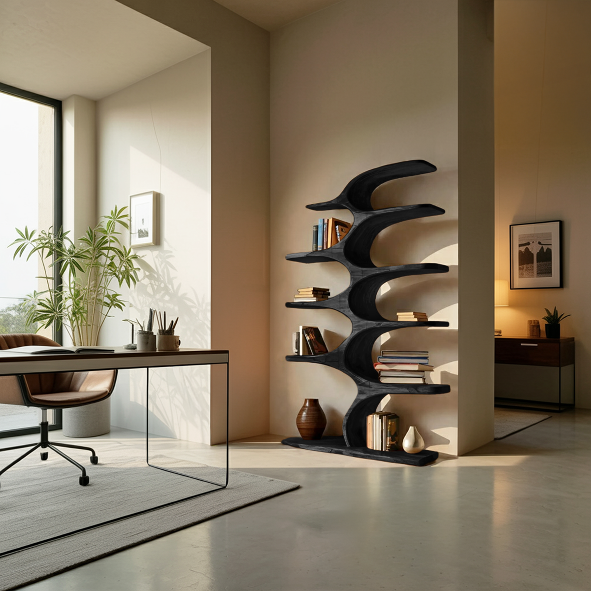 Artistic Curved Bookshelf Fluid Lines Statement For Designer Interiors RTTHTTBS050