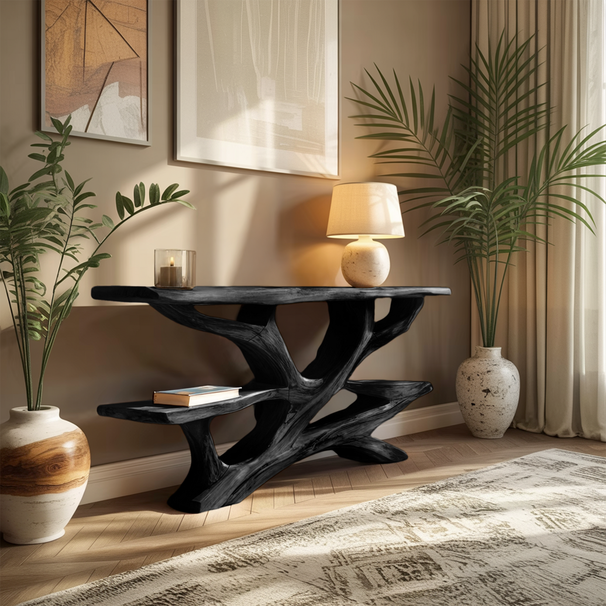 Handcrafted Wooden Live Edge Console Table, Solid Wood Entryway Accent Table with Metal Legs for Luxury Living Room Hallway, SILDTTNCS047