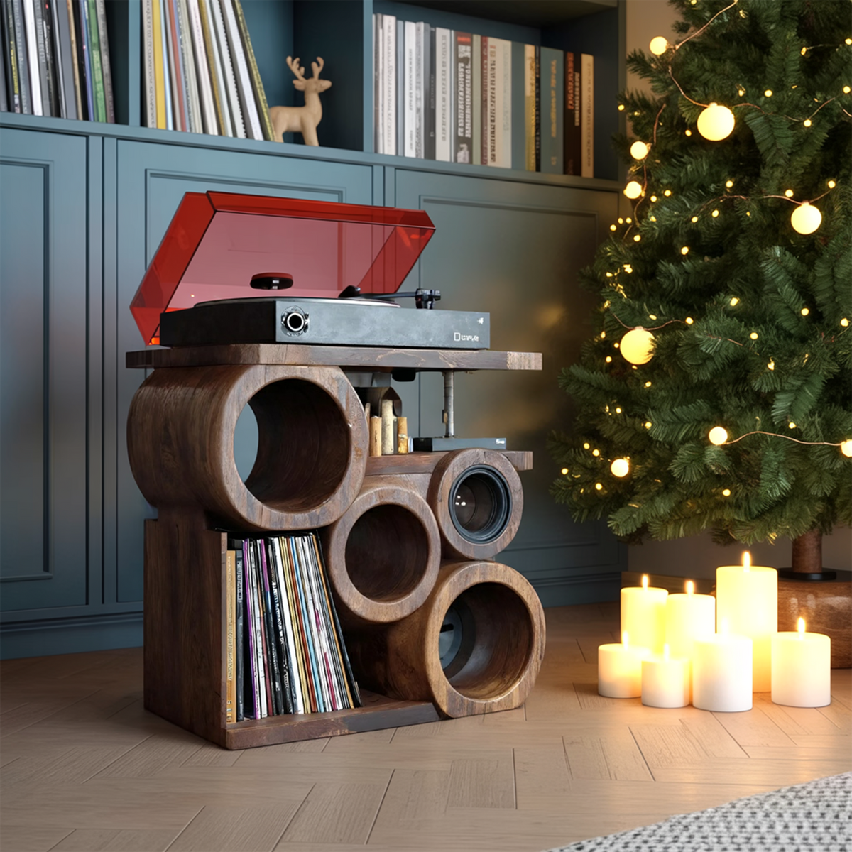 Farmhouse Solid Wood Record Stand, Handcrafted Vinyl Storage Organizer Rack, Music Lover Christmas Gift for Cozy Living Room, SILDTTNCRS010