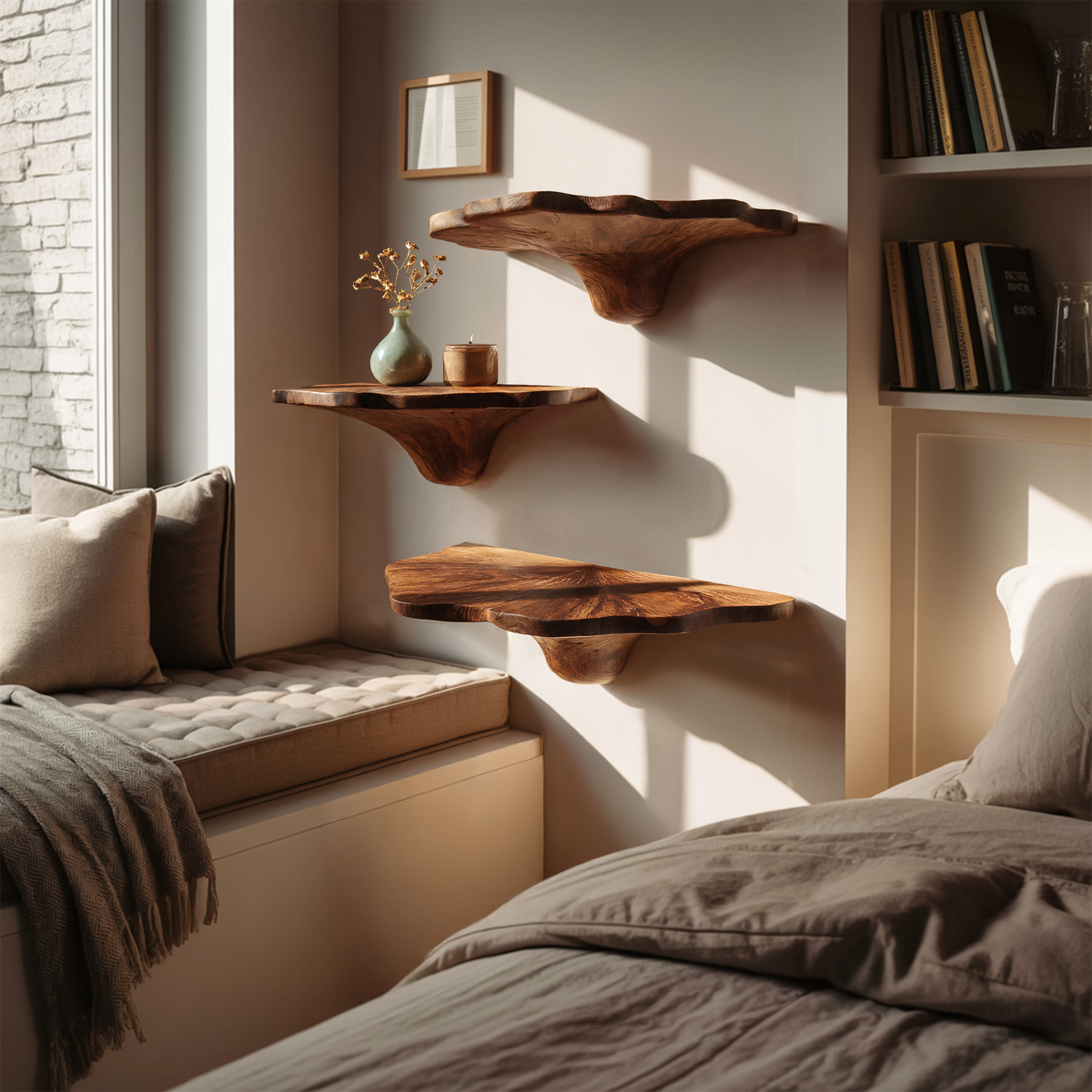 Handcrafted Wooden Mushroom Shelf For Artistic Living Room Decor SILDTTNMR007